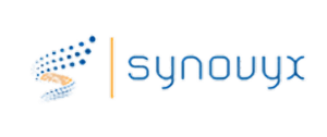 The image shows the logo of Synovyx. The logo features a stylized design on the left, consisting of multiple blue dots forming a curved, dynamic shape that resembles a trail or flow. An orange vertical line separates the design from the company name. On the right, the word "synovyx" is written in modern, lowercase, blue font with a slight futuristic style. The "x" at the end has a distinctive, curved tail. The background is transparent.